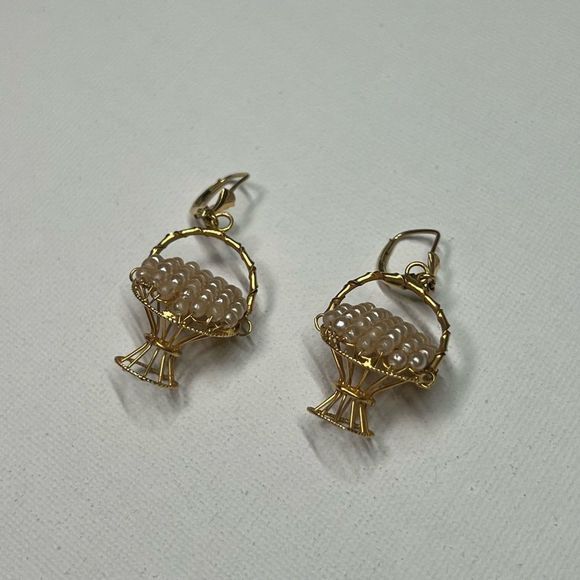 Vintage Jewelry - Vintage 14K Gold Faux Pearl Basket Earrings
